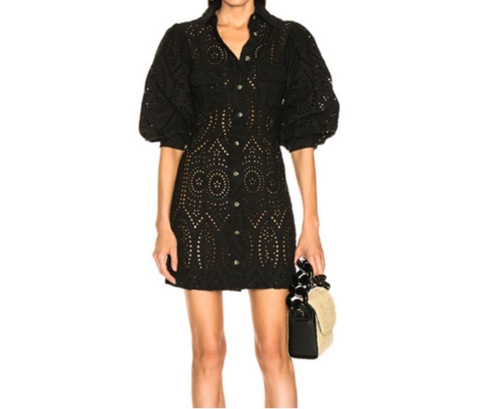 Ganni Black Eyelet Puff-Sleeve Mini Dress